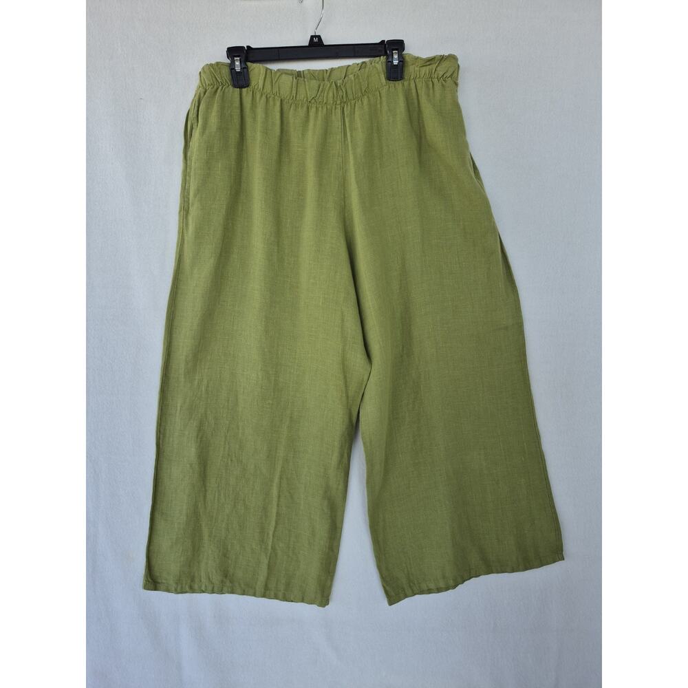 Bryn Walker Linen Capri Pants L/XL Womens Green Elastic Waist Wide Leg